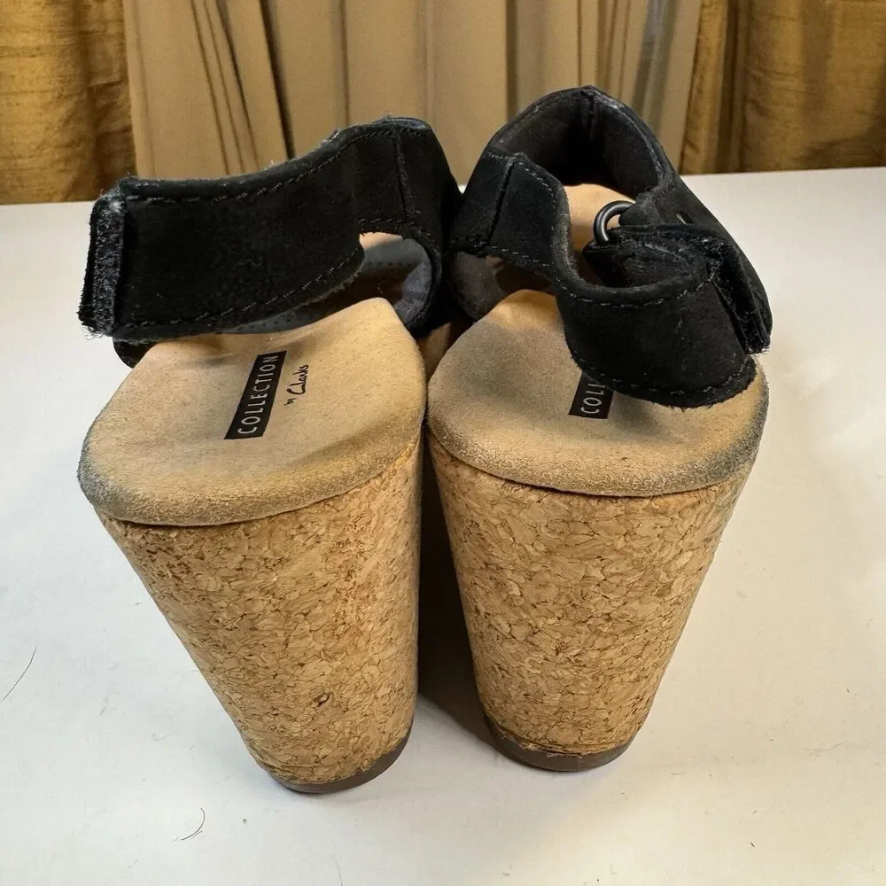 Clarks Sandals Womens Sz 7 M Annadel Bari Platform Wedge Slingback Black Cork